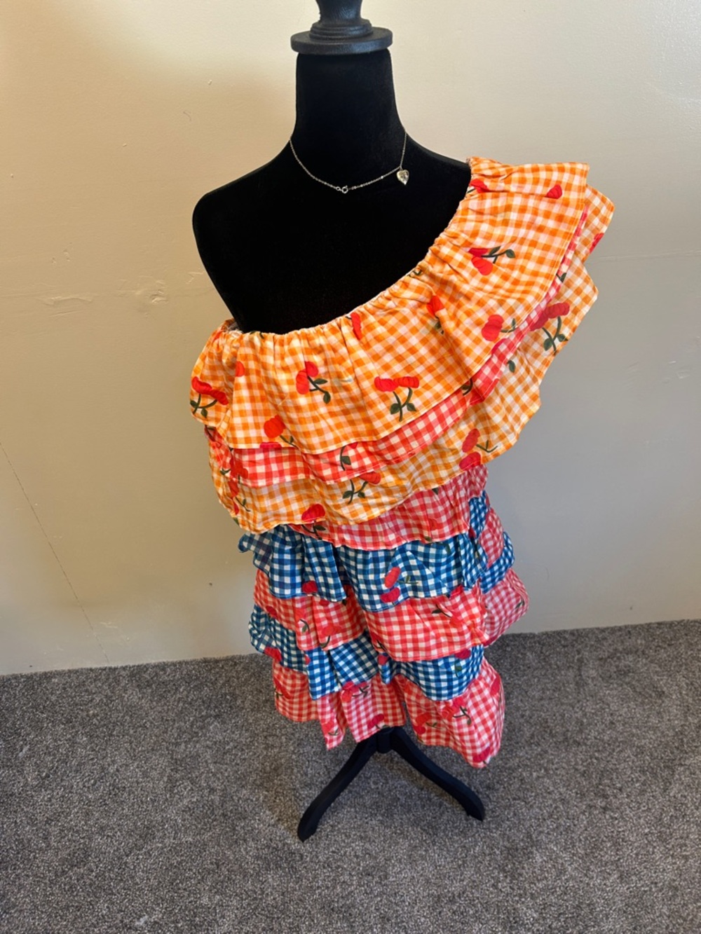 FARM Rio One-Shoulder Ruffle Gingham Dress with Cherry Print - Orange/Blue/Red - Picture 3 of 6